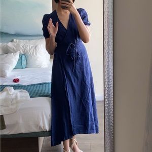 Reformation Weiss Linen Midi Wrap Dress Navy Blue Danube sz S